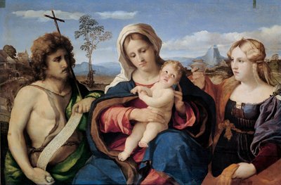 Madonna en kind met Sint Jan de Doper en Magdalena door Palma il Vecchio